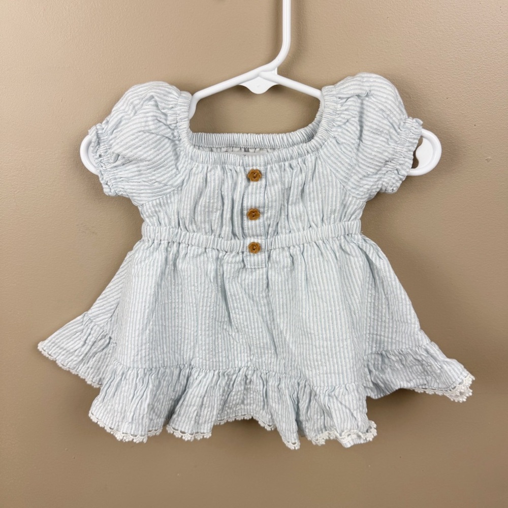 Tommy Bahama Baby Dress 3–6M Blue Striped Metallic Ruffle Hem Puff Sleeve Outfit